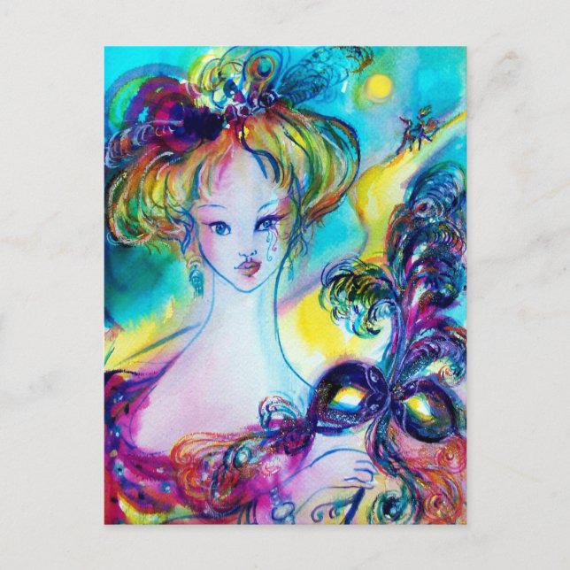 LADY WITH FEATHERED MASK Venetian Masquerade Night Postcard (Front)