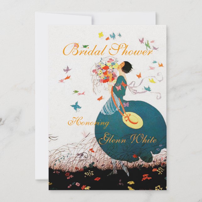 LADY WITH FLOWER BOUQUET AND BUTTERFLIES MONOGRAM INVITATION (Front)