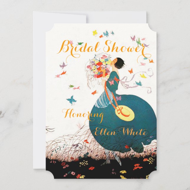 LADY WITH FLOWER BOUQUET AND BUTTERFLIES MONOGRAM INVITATION (Front)