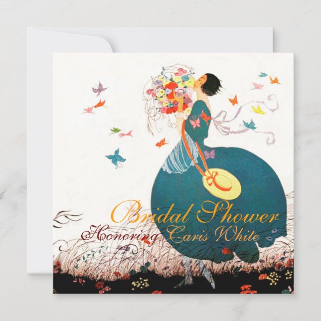LADY WITH FLOWER BOUQUET AND BUTTERFLIES MONOGRAM INVITATION (Front)