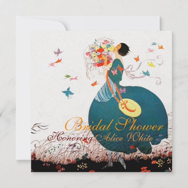 LADY WITH FLOWER BOUQUET AND BUTTERFLIES MONOGRAM INVITATION (Front)