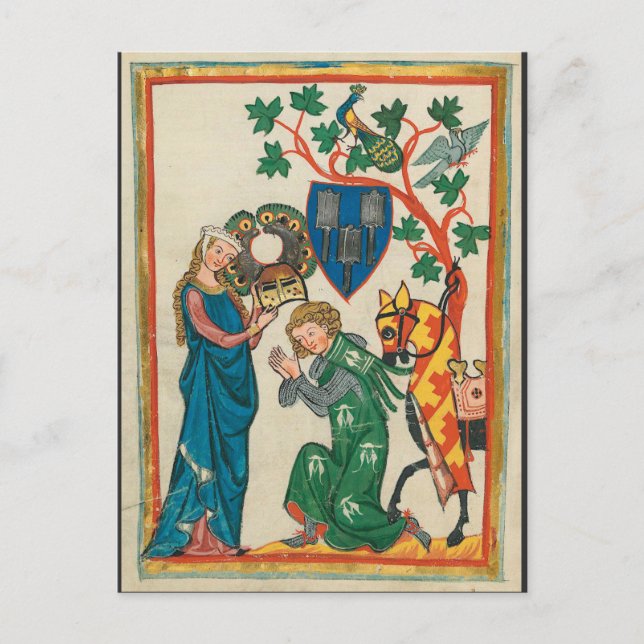 Lady with Knight, 14th Century Mediaeval Manuscrip Postcard (Front)
