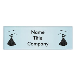 Lady With Love Letter in Black Silhouette Doves Name Tag