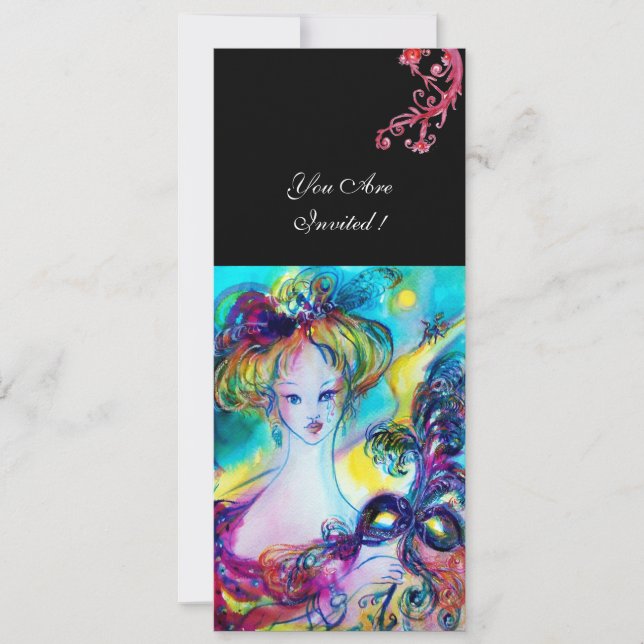 LADY WITH MASK / Venetian Masquerade Ball,black Invitation (Front)