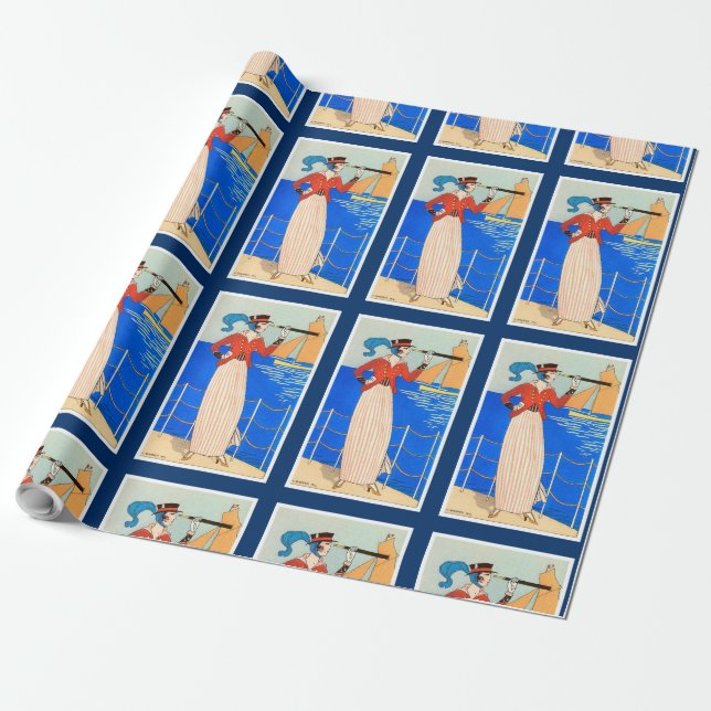 LADY WITH MONOCLE ART DECO NAUTICAL BEAUTY FASHION WRAPPING PAPER (Unrolled)