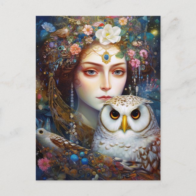 Lady With Owl Surreal Fantasy Art Postcard (Front)