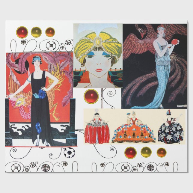 LADY WITH PHOENIX ,ART DECO BEAUTY FASHION COSTUME WRAPPING PAPER (Flat)