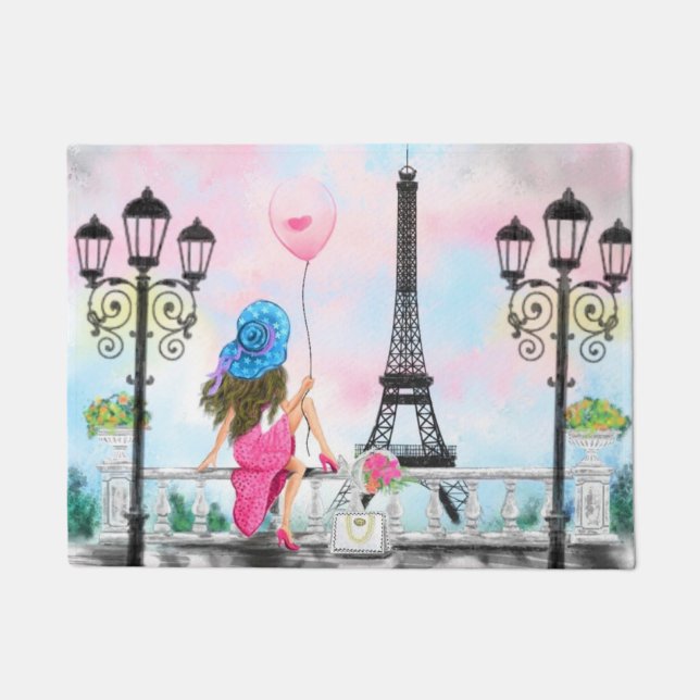 Lady with Pink Balloon Door Mat - I Love Paris (Front)