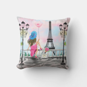 Lady with Pink Balloon  Pillow - I Love Paris