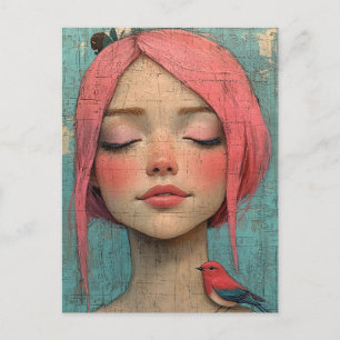 Lady with pink hair and a bird on her shoulder postcard