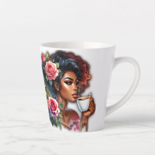 Lady With Pink Roses Drinking Latte Mug