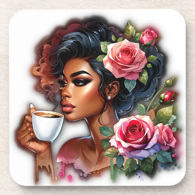 Lady With Pink Roses Enjoying Coffee Coaster (Front)