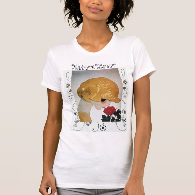 LADY WITH RED ROSE, GEOMETRIC SWIRLS NATURE LOVER T-Shirt (Front)