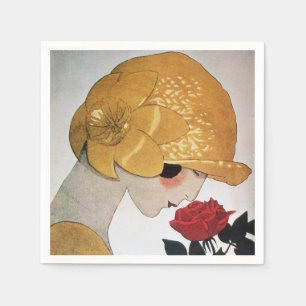 LADY WITH RED ROSE NAPKIN