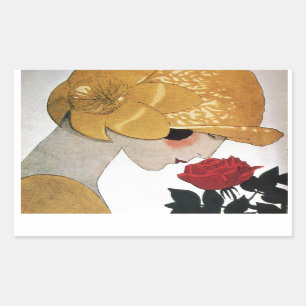 LADY WITH RED ROSE RECTANGULAR STICKER