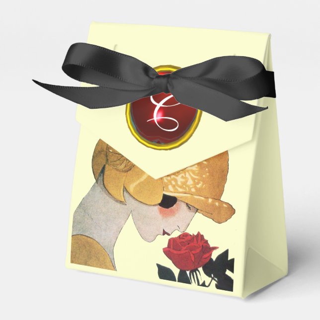 LADY WITH RED ROSE RUBY GEM STONE MONOGRAM ,Cream Favour Box (Front Side)