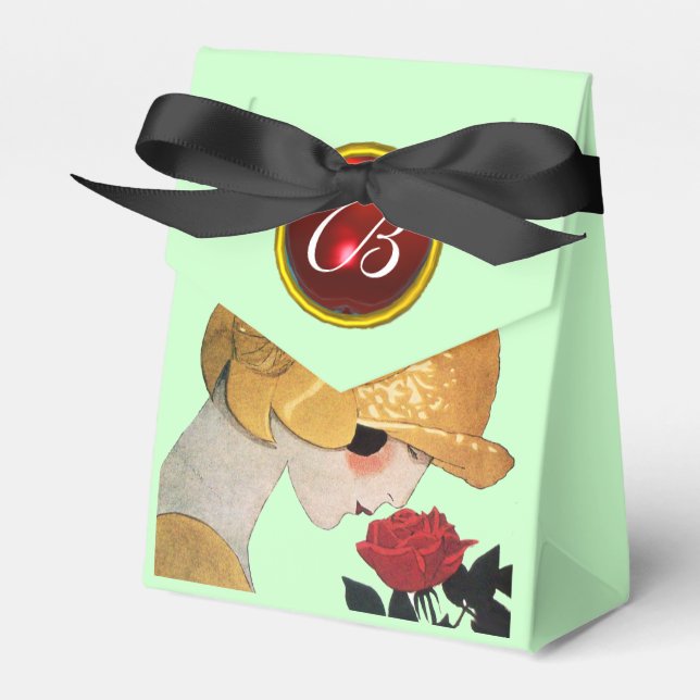 LADY WITH RED ROSE RUBY GEM STONE MONOGRAM ,Green Favour Box (Front Side)