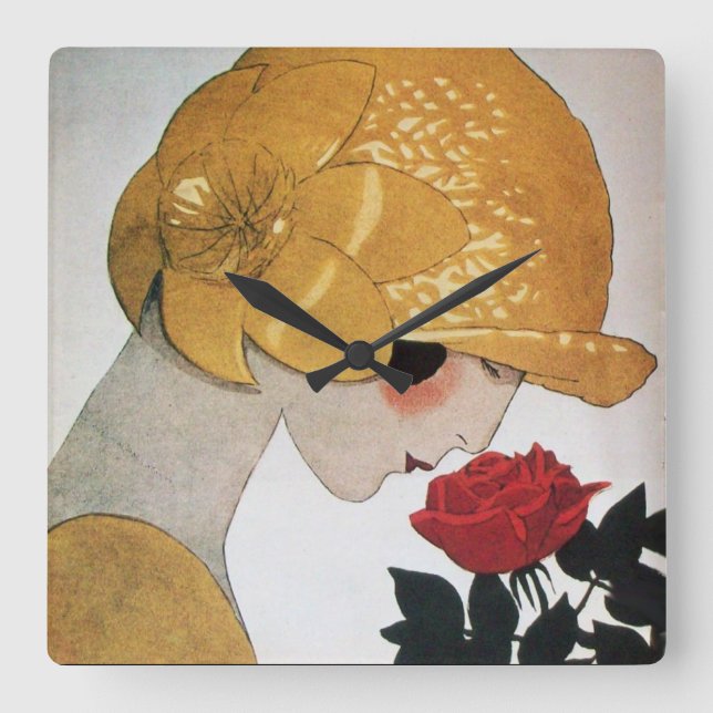LADY WITH RED ROSE SQUARE WALL CLOCK (Front)