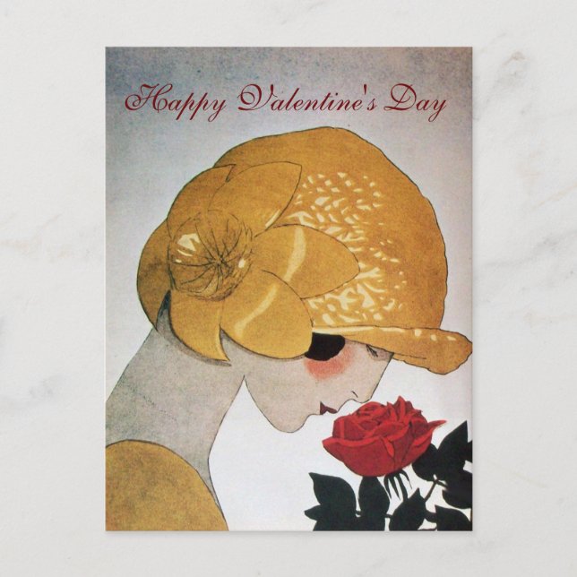 LADY WITH RED ROSE VALENTINE'S DAY HOLIDAY POSTCARD (Front)
