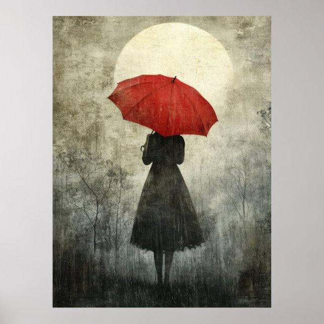 Lady with Red Umbrella – Surreal Silhouette Art Poster (Front)