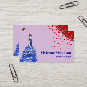 Lady with Sparkly Blue Ballgown Red Heart Confetti Business Card