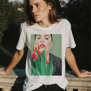 Lady With Tulip Green & Orange Modern Graphic T-Shirt
