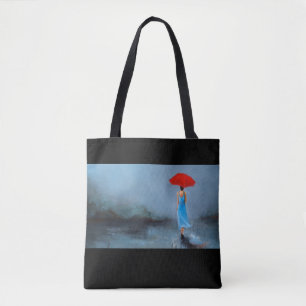 "Lady with Umbrella" blue and black tote bag