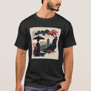 Lady with Umbrella red bonsai tree Japanese pagoda T-Shirt
