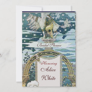 LADY WITH UNICORN BRIDAL SHOWER PARTY Blue White Invitation