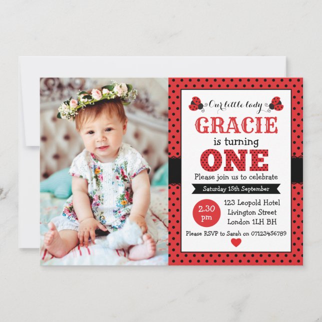 ladybug 1st birthday girls party invitation (Front)