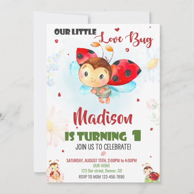 Ladybug 1st birthday invitation Summer invitation (Front)