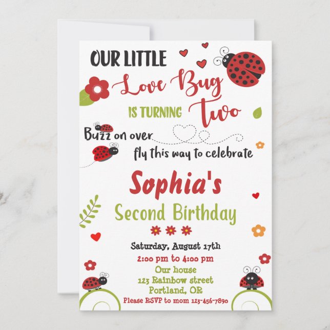 Ladybug 2nd birthday invitation Girl love bug lady (Front)