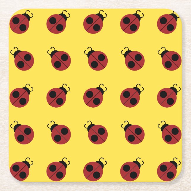 Ladybug 60s retro cool red yellow square paper coaster (Front)