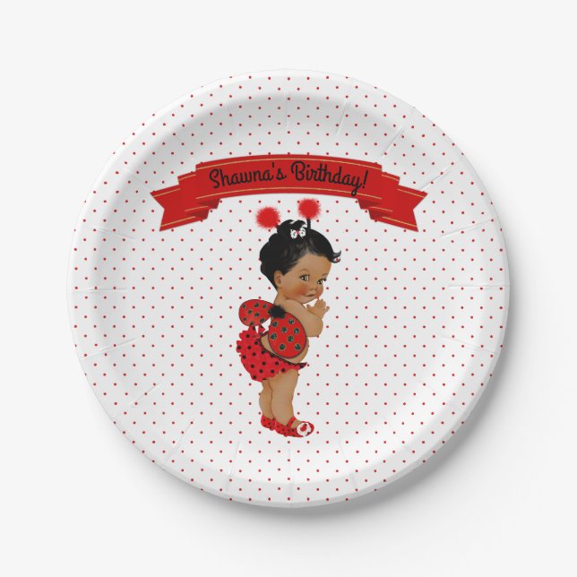 Ladybug African American Baby Girl Red Dots Paper Plate (Front)