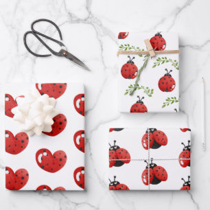 Ladybug and Hearts Pattern Birthday Wrapping Paper Sheet