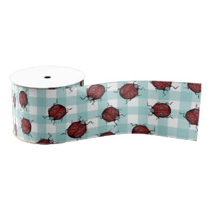 Ladybug and Turquoise Gingham Nature Pattern Grosgrain Ribbon