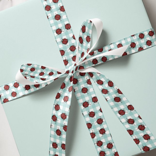 Ladybug and Turquoise Gingham Nature Pattern Satin Ribbon (Red and Black Ladybugs on Cute Turquoise Gingham Pattern. For Kids, Garden Lovers, Nature Lovers.)