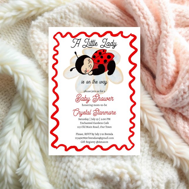 Ladybug baby shower cute bug little lady  invitation (Ladybug red wavy border baby shower invitation template cute sleepy bug little lady invite)