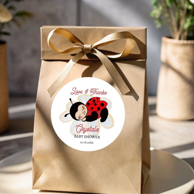 Ladybug baby shower favour stickers (Ladybug baby shower thank you favor stickers cute sleeping ladybug on a daisy favor stickers)
