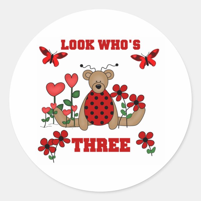 Ladybug Bear 3rd Birthday Classic Round Sticker (Front)