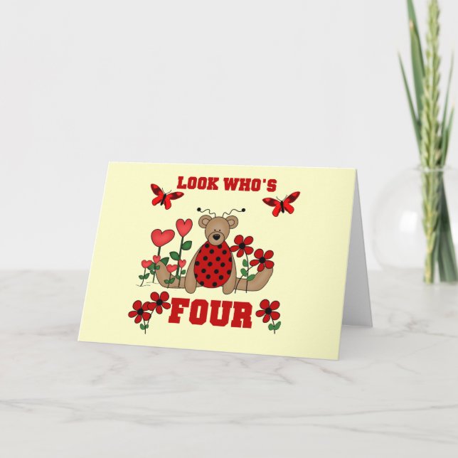 Ladybug Bear 4th Birthday Tshirts and Gifts Card (Front)