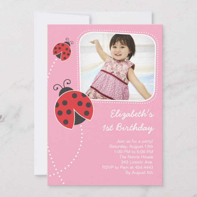 Ladybug Birthday Invitations Pink Photo Card (Front)