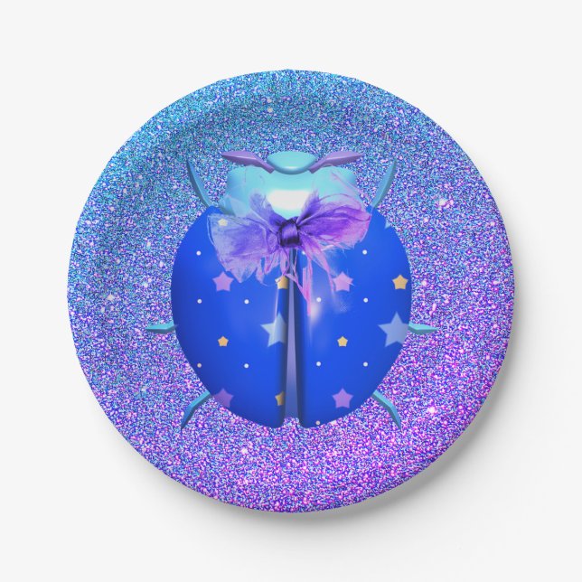 Ladybug blue star cute glitter look paper plate (Front)
