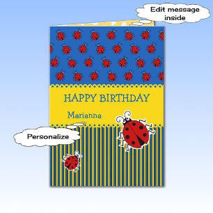 Ladybug blue yellow add name birthday card