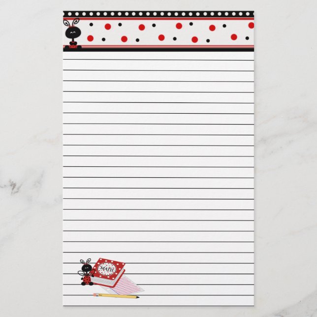 Ladybug Border and Math Homework Lined Stationary Stationery (Front)