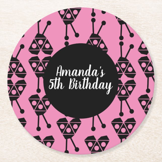 Ladybug Bug Insect Geometrical Birthday Party Pink Round Paper Coaster (Front)