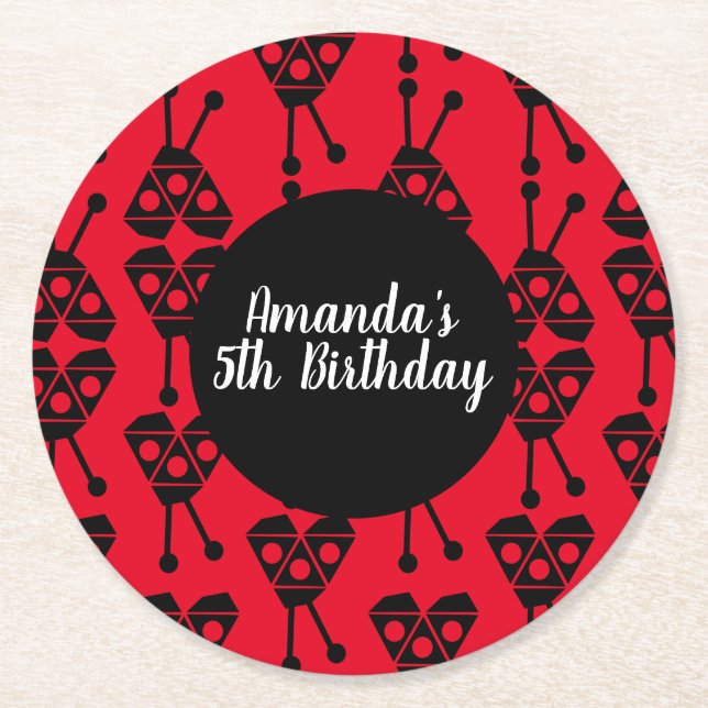 Ladybug Bug Insect Geometrical Birthday Party Red Round Paper Coaster (Front)