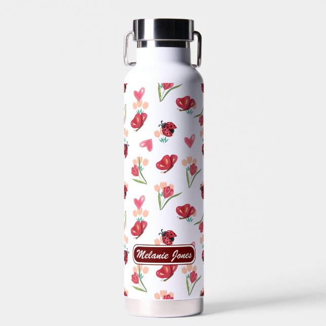 Ladybug, Butterfly and Tulip Heart Pattern Water Bottle (Front)