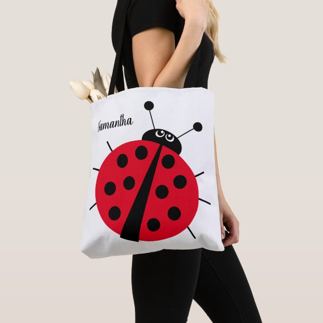 ladybug cartoon fun red black white tote bag (Close Up)