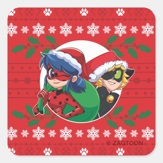 Ladybug & Cat Noir | Holiday Graphic Square Sticker (Front)